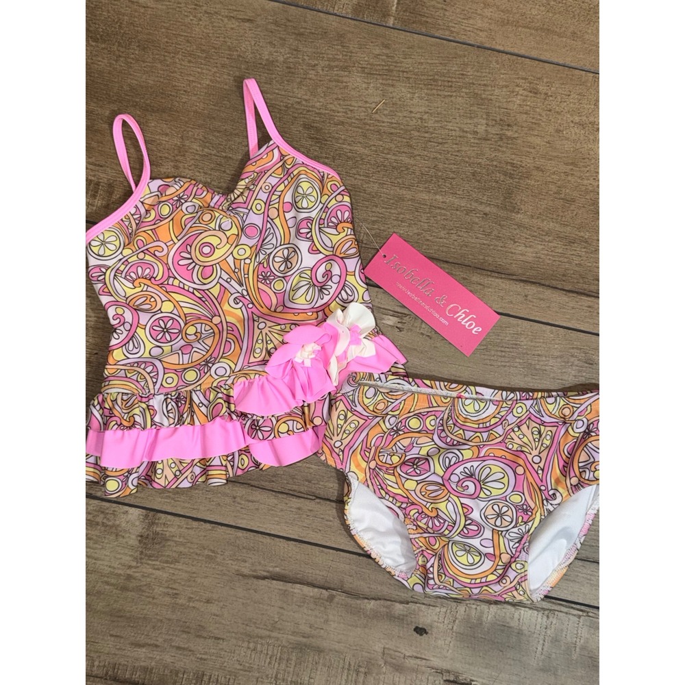Isobella & Chloe Girls 24M Pink Orange Paisley Ruffle Tankini Swimsuit Set 9407